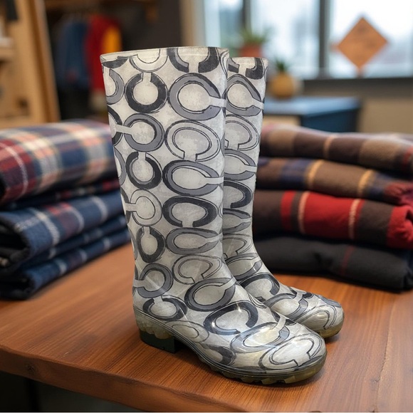 VTG COACH Pixy Clear Signature C Graphic White Black and Gray Tall Rain Boot 9 - Picture 1 of 12